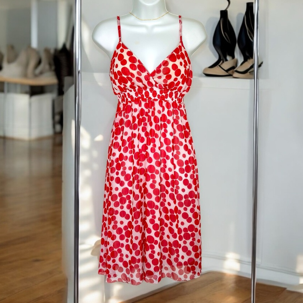 Red‎ Circles Dot Flowy Summer Bold Strappy V Neck Empire Midi Dress Size Small
